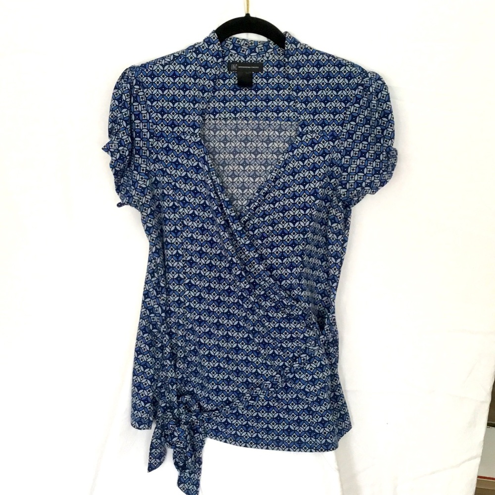 INC International Concepts Navy Geometric Wrap Blouse